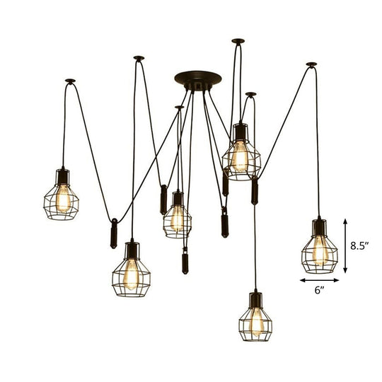 Industrial Black Iron Swag Pendant Lighting - 6-Light Caged Design With Pulley For Multiple Hanging