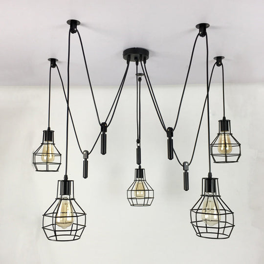 Rustic Iron 5-Light Black Pulley Swag Pendant - Restaurant Multi Ceiling Light