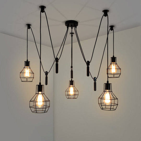 Rustic Iron 5-Light Black Pulley Swag Pendant - Restaurant Multi Ceiling Light