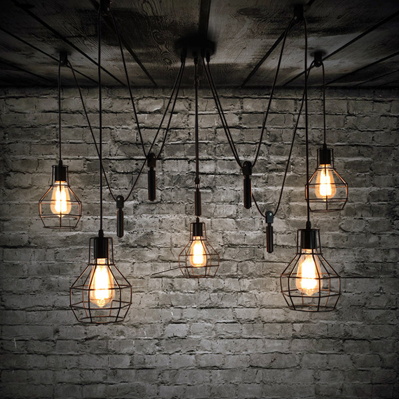 Rustic Iron 5-Light Black Pulley Swag Pendant - Restaurant Multi Ceiling Light