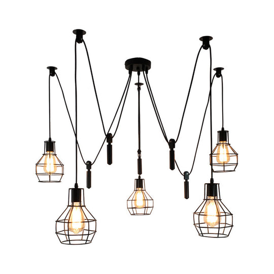 Rustic Iron 5-Light Black Pulley Swag Pendant - Restaurant Multi Ceiling Light