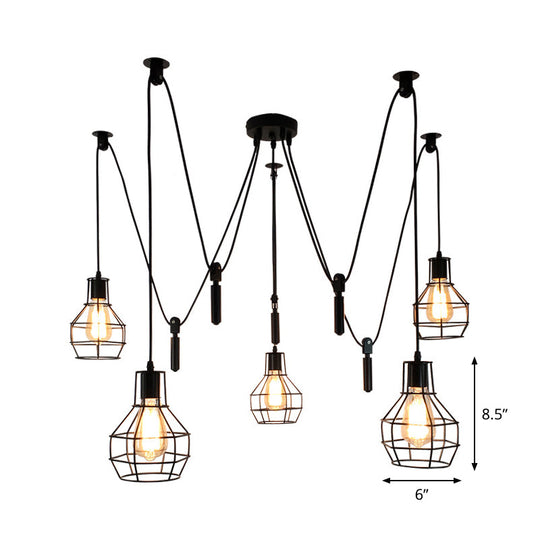 Rustic Iron 5-Light Black Pulley Swag Pendant - Ball-Shape Multi Ceiling Light for Restaurants