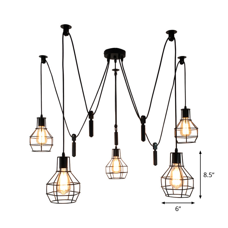 Rustic Iron 5-Light Black Pulley Swag Pendant - Restaurant Multi Ceiling Light