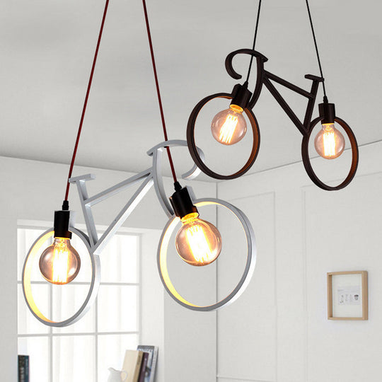 Iron Industrial Bicycle Boys Bedroom Pendant Light With 2 Heads - Black/White Ceiling Hang Lamp