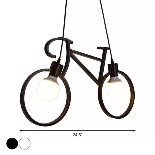 Industrial Iron Bicycle Boys Bedroom Pendant Light - Black/White, 2 Heads, 20.5"/24.5" W