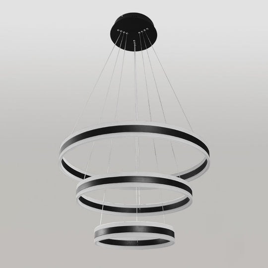 Modern Black Circular Chandelier - Simple 3-Light Acrylic LED Pendant for Dining Table