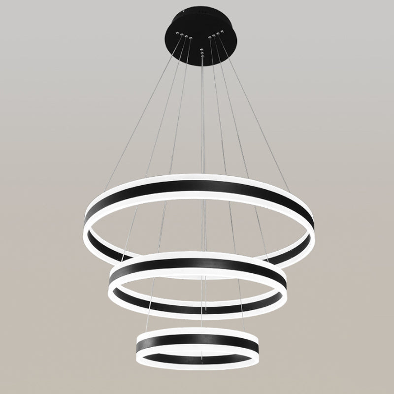 Modern Black Circular Chandelier - Simple 3-Light Acrylic LED Pendant for Dining Table