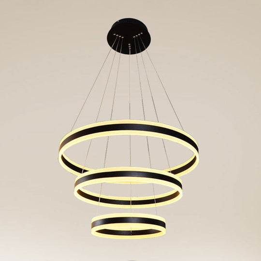 Sleek Black Circular Chandelier - 3-Light Acrylic Led Suspension Pendant For Dining Table