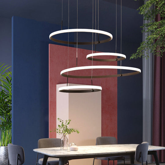 Minimalist 4-Head LED Chandelier Pendant Lamp with Outer Glow, Black/Coffee, Circle Acrylic Shade