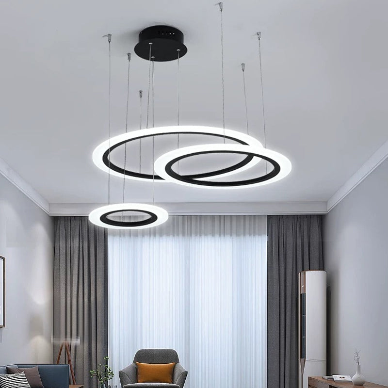 Modern LED Hanging Chandelier - Black Tiered Halo Ring Design with Acrylic Shade