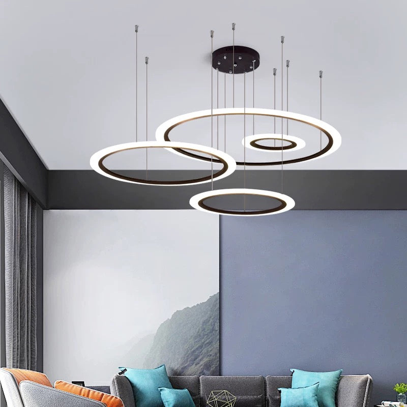 Modern LED Hanging Chandelier - Black Tiered Halo Ring Design with Acrylic Shade