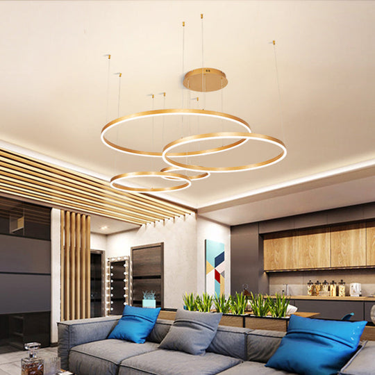 Minimalist Metal Bubble Ring Chandelier: 4-Light Led Suspension Light In Black/Gold/Coffee