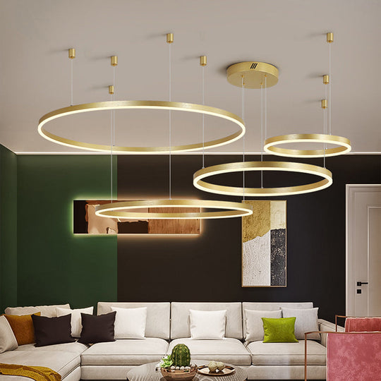 Postmodern Style Gold Led Chandelier - 3/4/5 Tiered Hoop Metal Ceiling Light For Living Room