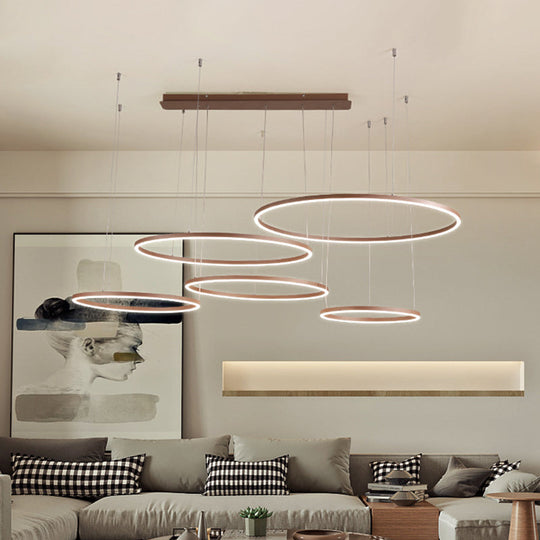 Circular Restaurant Chandelier - Acrylic Minimalist Led Pendant Light (3/4/5 Tier) In Brown / 5