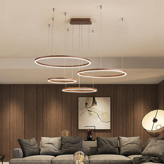 Brown LED Acrylic Chandelier - 3/4/5-Tier Minimalist Circular Pendant Light for Restaurants