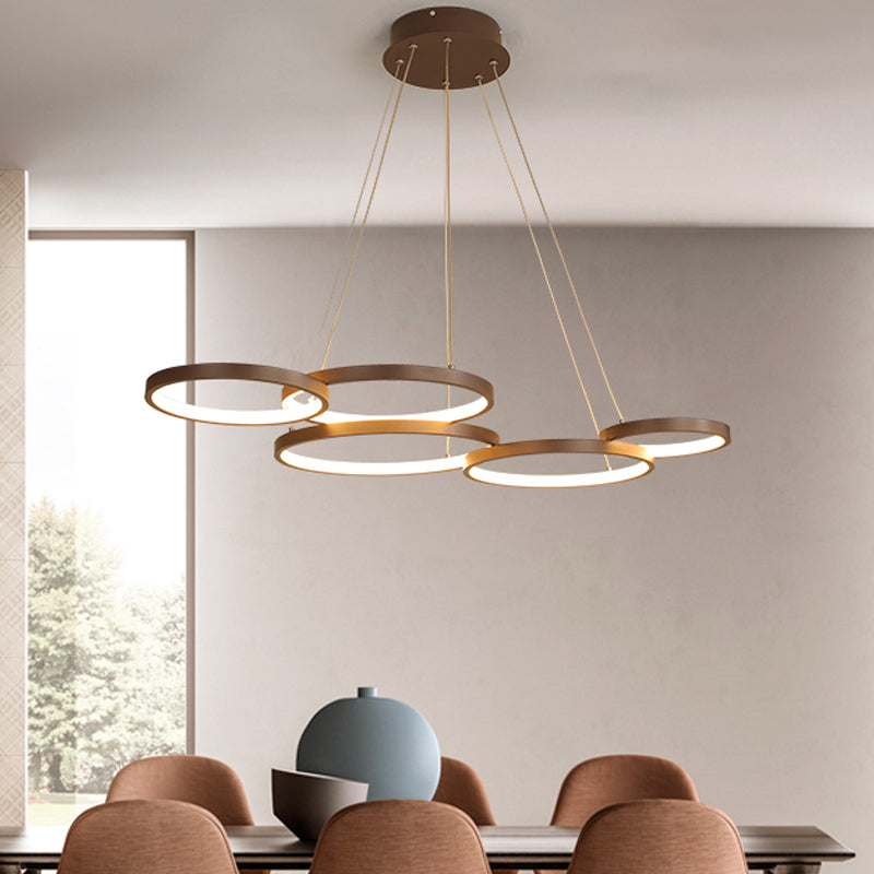 Contemporary Led Pendant Chandelier 3/4/5-Tiered Halo Ring Design Brown Finish Acrylic Shade