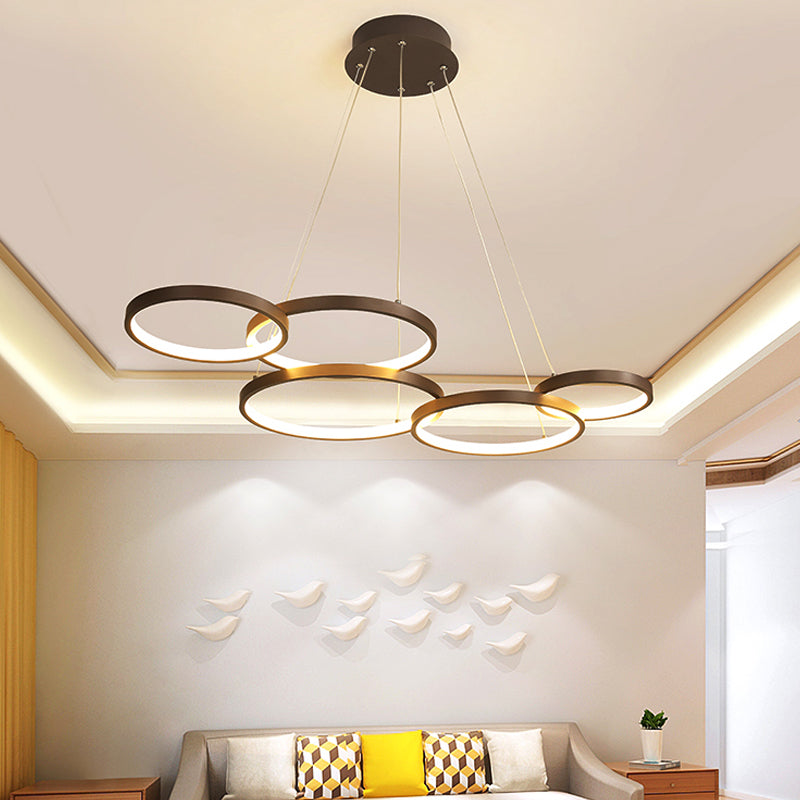 Contemporary Led Pendant Chandelier 3/4/5-Tiered Halo Ring Design Brown Finish Acrylic Shade