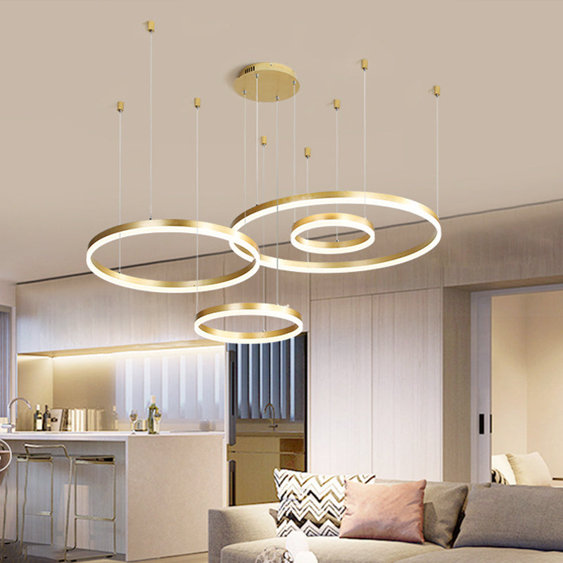 Contemporary Metallic Circle Led Chandelier In Gold/Coffee - Warm/White Light 3/4 Tiers