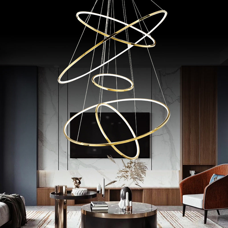 Minimalist 3/5 Tiers LED Pendant Lighting Stainless Steel Living Room Extra-Slim Hoop Chandelier in Gold