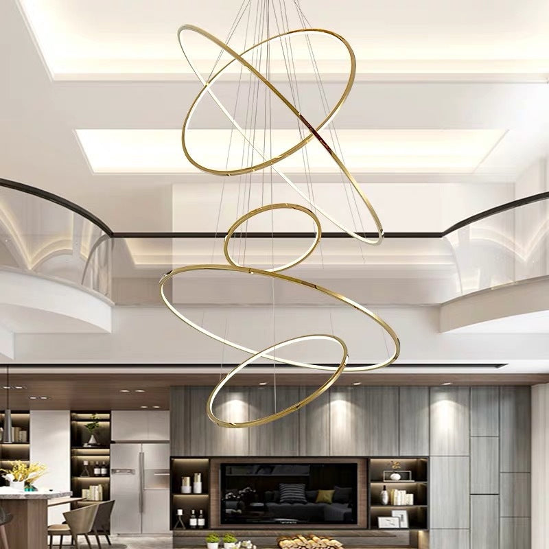 Minimalist 3/5 Tiers LED Pendant Lighting Stainless Steel Living Room Extra-Slim Hoop Chandelier in Gold