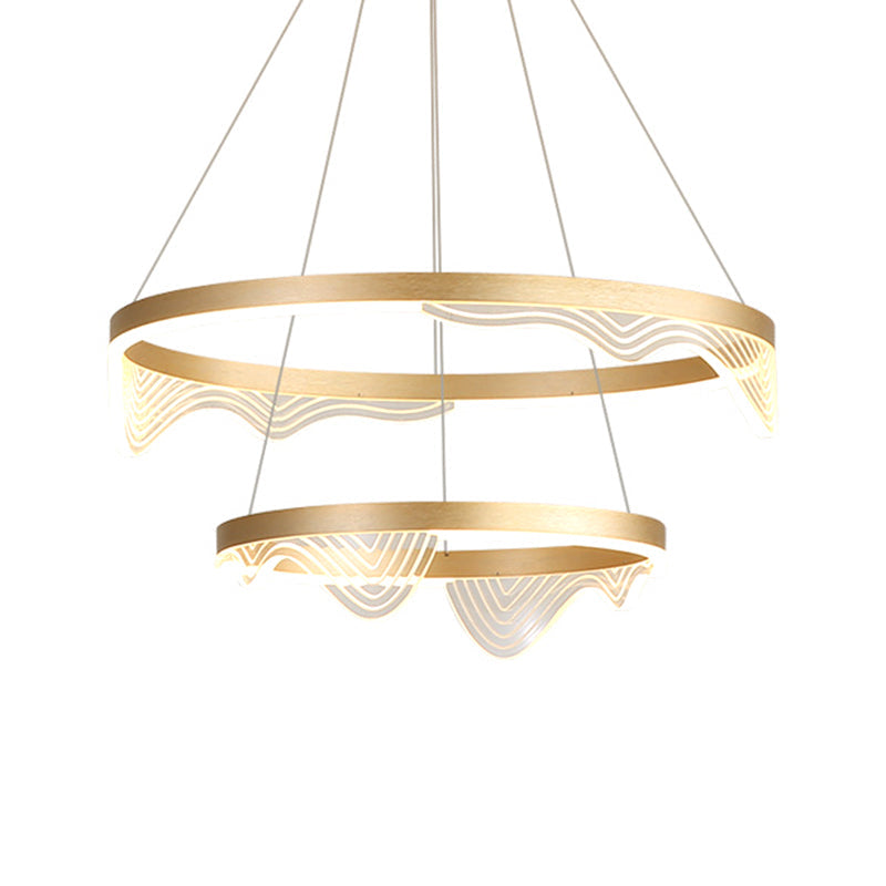 Modern Led Hanging Pendant Chandelier - Gold 2/3 Tiered Wavy-Edge Acrylic Shade