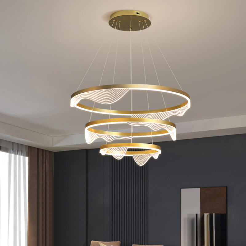 Modern Led Hanging Pendant Chandelier - Gold 2/3 Tiered Wavy-Edge Acrylic Shade