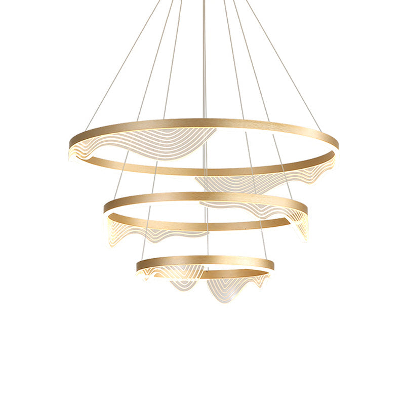 Modern Led Hanging Pendant Chandelier - Gold 2/3 Tiered Wavy-Edge Acrylic Shade