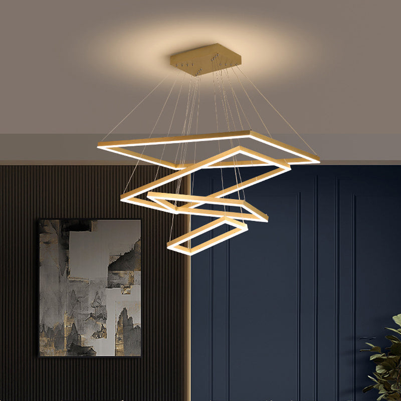 Modern Brushed Gold Led Chandelier - Rectangular Pendant With Tiered Design / 4 Tiers