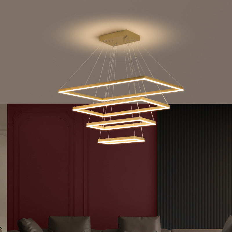 Modern Brushed Gold Led Chandelier - Rectangular Pendant With Tiered Design