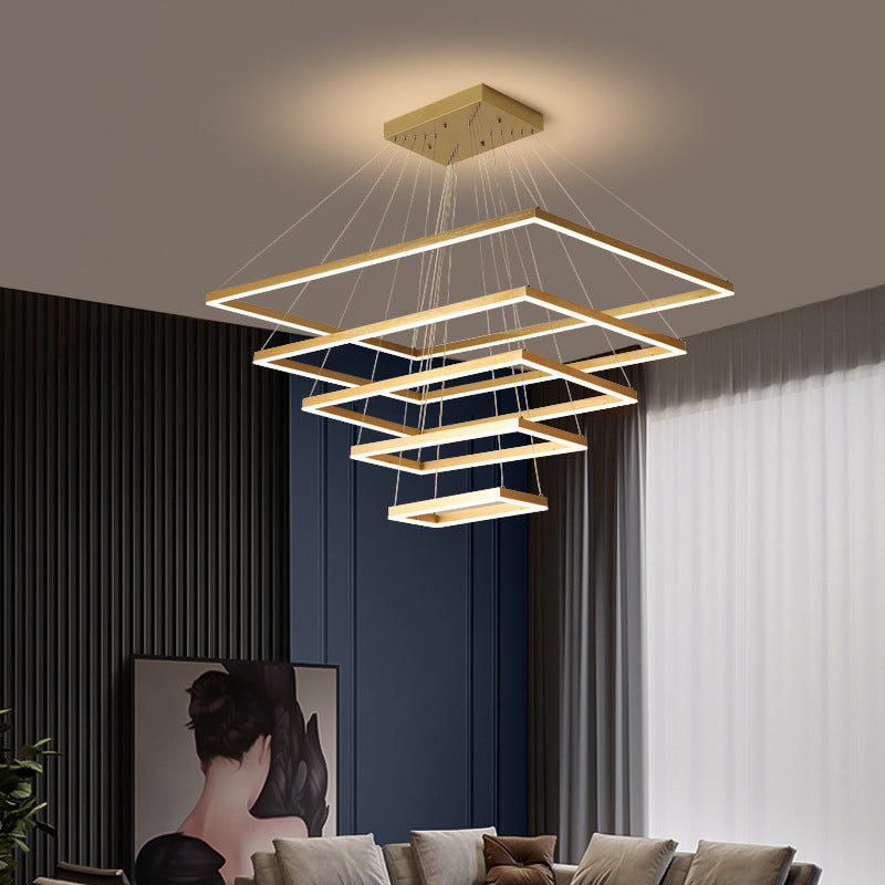 Modern Brushed Gold Led Chandelier - Rectangular Pendant With Tiered Design / 5 Tiers & Above