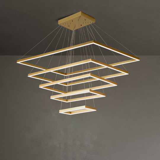 Modern Brushed Gold Led Chandelier - Rectangular Pendant With Tiered Design