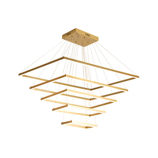 Modern Brushed Gold Led Chandelier - Rectangular Pendant With Tiered Design