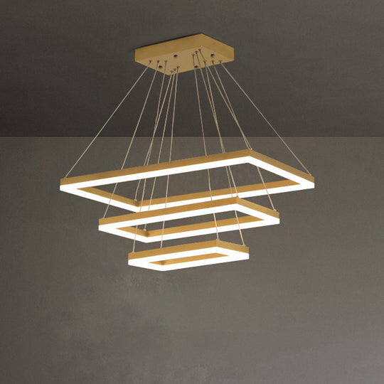 Modern Brushed Gold Led Chandelier - Rectangular Pendant With Tiered Design / 3 Tiers