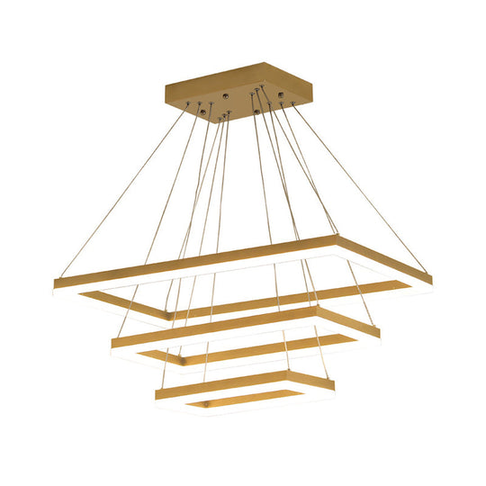 Modern Brushed Gold Led Chandelier - Rectangular Pendant With Tiered Design