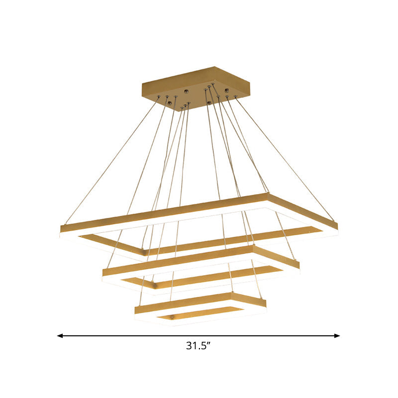 Modern Brushed Gold Led Chandelier - Rectangular Pendant With Tiered Design