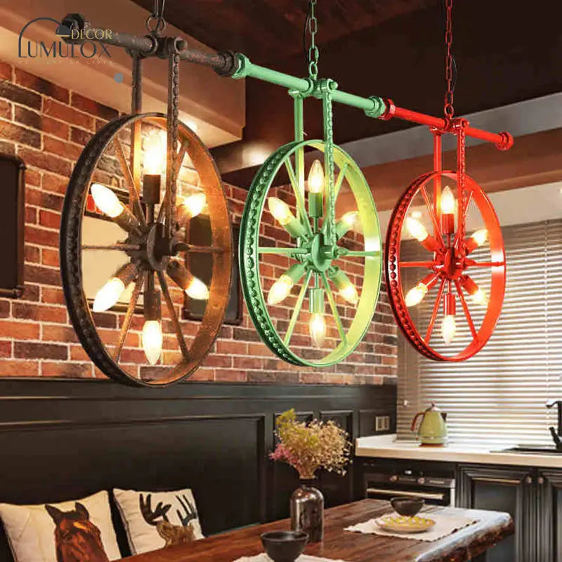 Metallic Wheel Chandelier Lamp Art Deco 6 Lights White/Black/Rust Pendant Ceiling Light for Restaurant