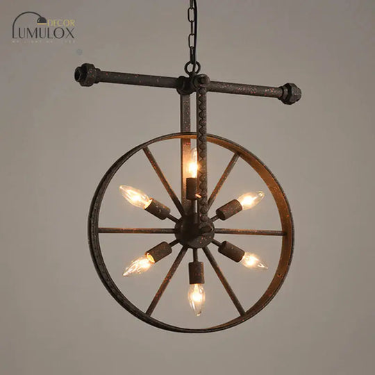 Metallic Wheel Chandelier Lamp Art Deco 6 Lights White/Black/Rust Pendant Ceiling Light for Restaurant