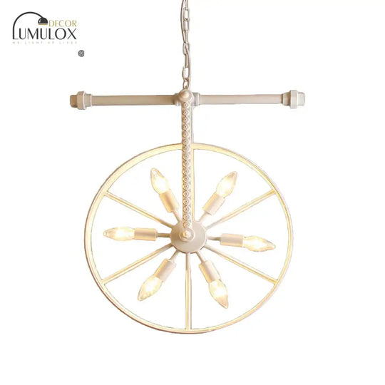 Metallic Wheel Chandelier Lamp Art Deco 6 Lights White/Black/Rust Pendant Ceiling Light for Restaurant