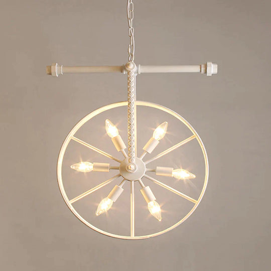 Art Deco Metallic Wheel Chandelier With 6 Lights - White/Black/Rust Pendant Ceiling Light Perfect