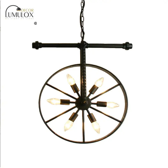 Metallic Wheel Chandelier Lamp Art Deco 6 Lights White/Black/Rust Pendant Ceiling Light for Restaurant