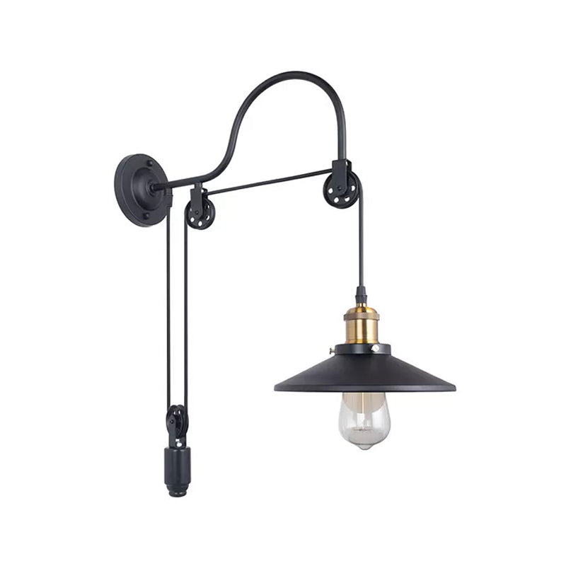 Conical Bedside Pulley Wall Light - Industrial Metal Black Lamp With Gooseneck Arm