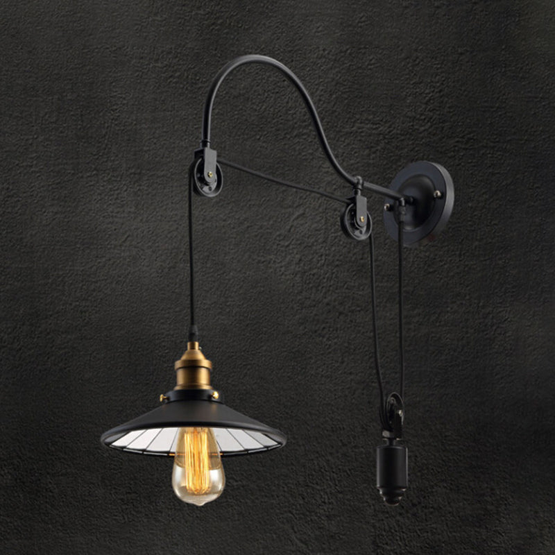 Conical Bedside Pulley Wall Light - Industrial Metal Black Lamp With Gooseneck Arm