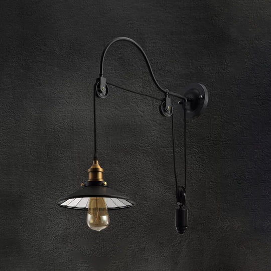 Conical Bedside Pulley Wall Light - Industrial Metal Black Lamp With Gooseneck Arm