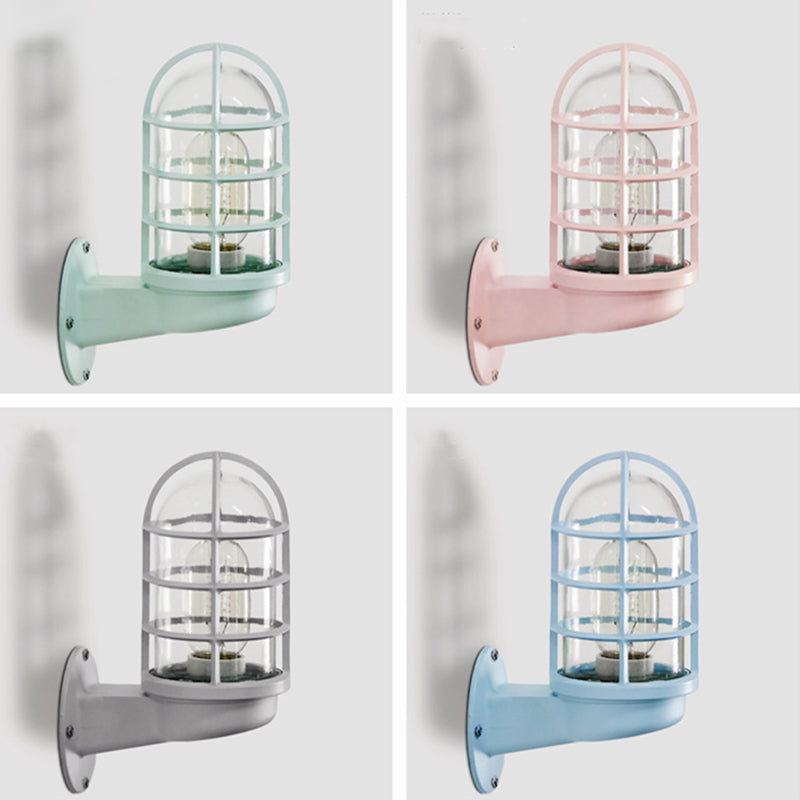 Single Transparent Glass Wall Lamp With Wire Cage - Loft Capsule In Pink/Blue/Rust