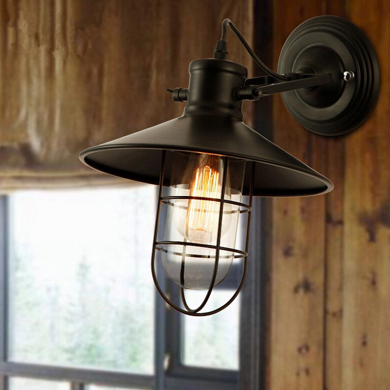 Farmhouse Adjustable Wall Lamp With Clear Glass Bulb Black Wire Cage & Saucer Top