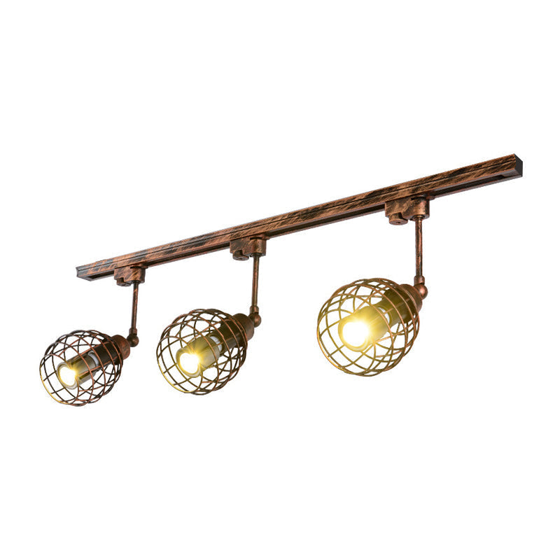 Semi-Flush Industrial Bistro Spotlight with Iron Cage in Black/White/Rust