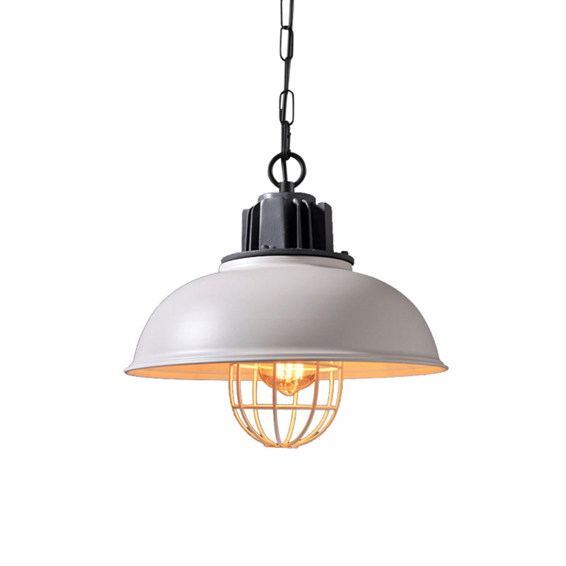 Iron Industrial 1-Head Pendant Light With Cage For Dining Room Bowl Suspension - Black/White White