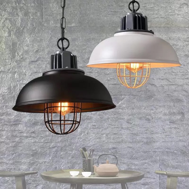 Industrial Iron Pendant Light - Bowl Dining Room Suspension Lighting with Cage - Black/White