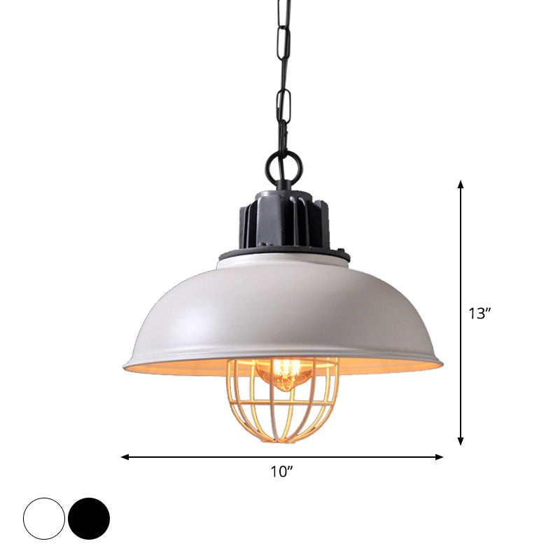 Iron Industrial 1-Head Pendant Light With Cage For Dining Room Bowl Suspension - Black/White