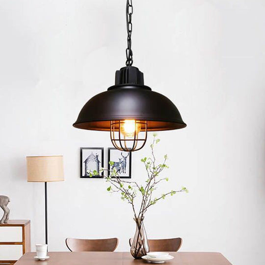 Iron Industrial 1-Head Pendant Light With Cage For Dining Room Bowl Suspension - Black/White